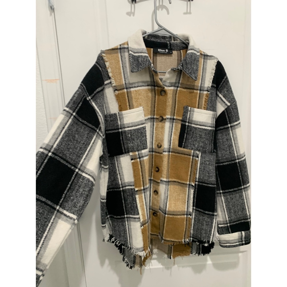 Blue B Collection Plaid Shacket Tan Black White Frayed Hem Mixed Print Medium - Picture 2 of 4